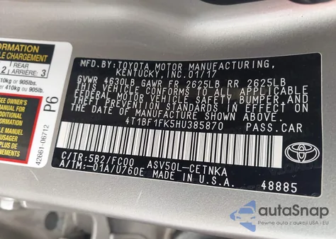 2017 Toyota Camry Le z USA, uszkodzony, nr VIN 4T1BF1FK5HU385870